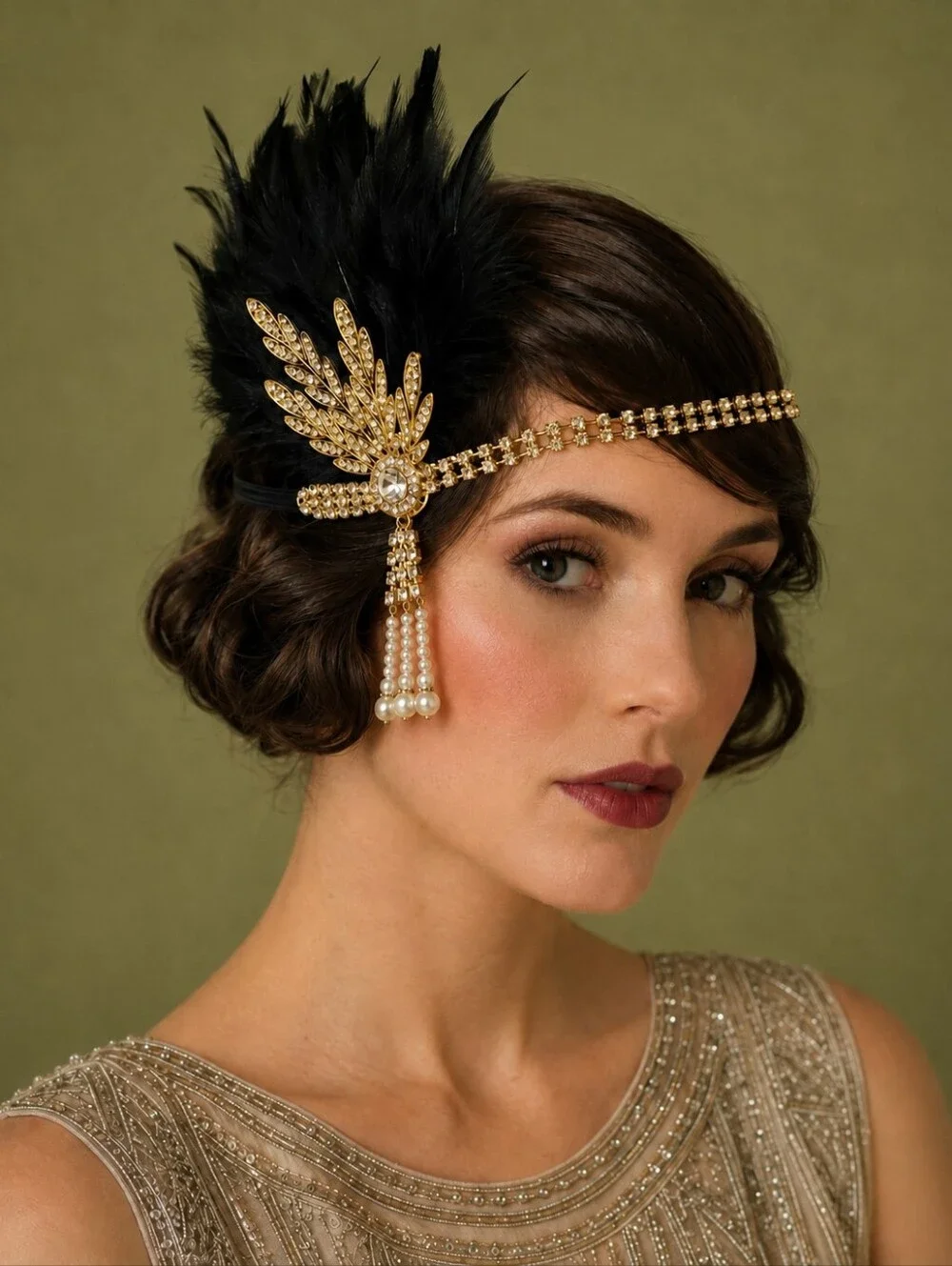 1920s FLAPPER HEADBAND GOLD RHINESTONE FEATHER PEARL GATSBY ART DECO COSUME BLK